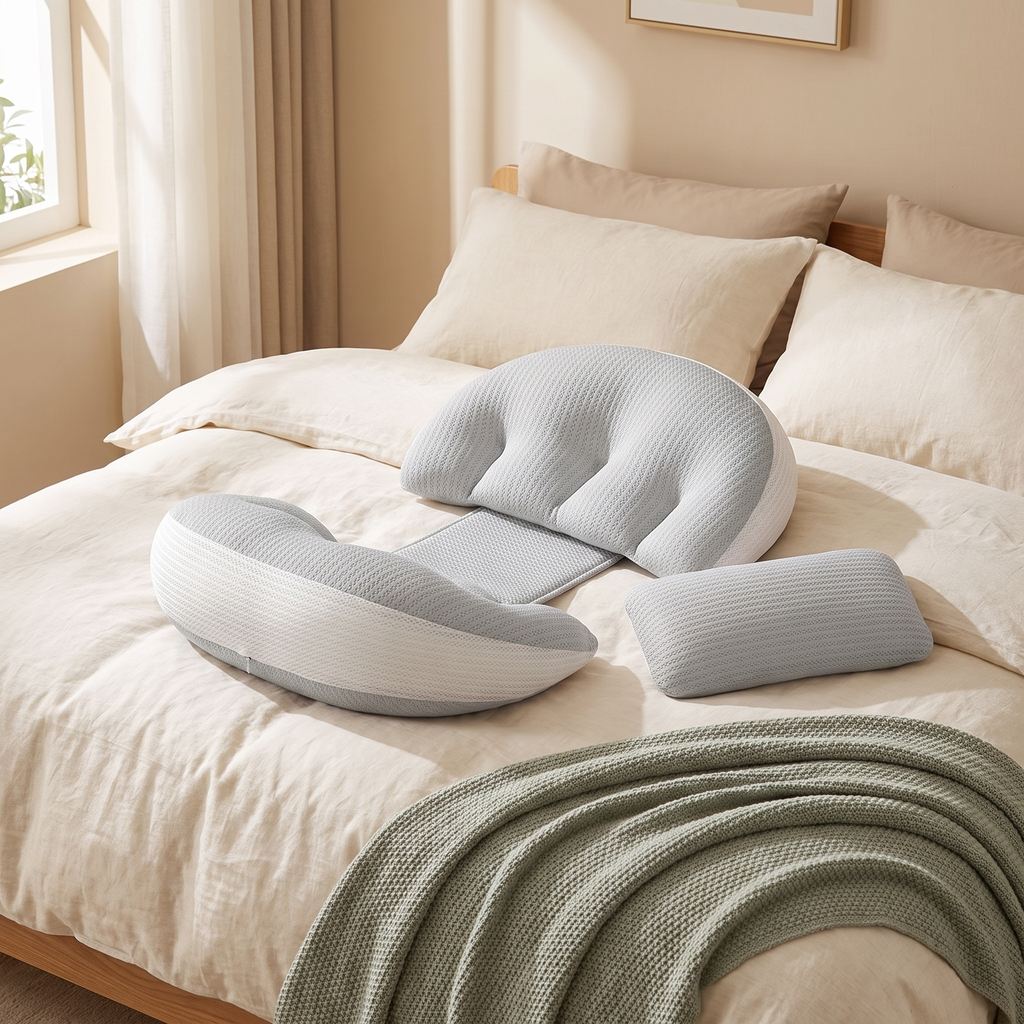 Pregnancy pillow and mini pillow set arranged on a made bed with cream linen bedding