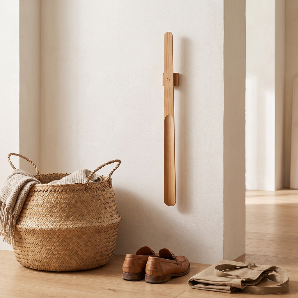 Long wooden shoe horn hanging by a wall beside a basket and shoes