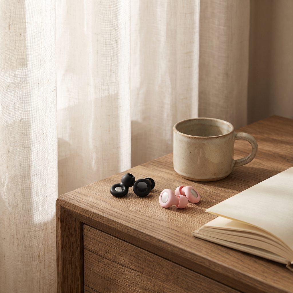 Silicone sleep earplugs on a bedside table beside a mug and book