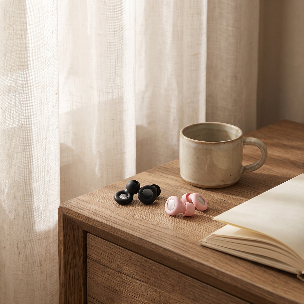 Silicone sleep earplugs on a bedside table beside a mug and book