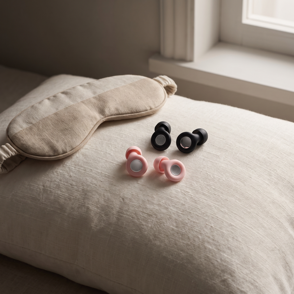 Sleep earplugs and case on a linen pillow beside a sleep mask
