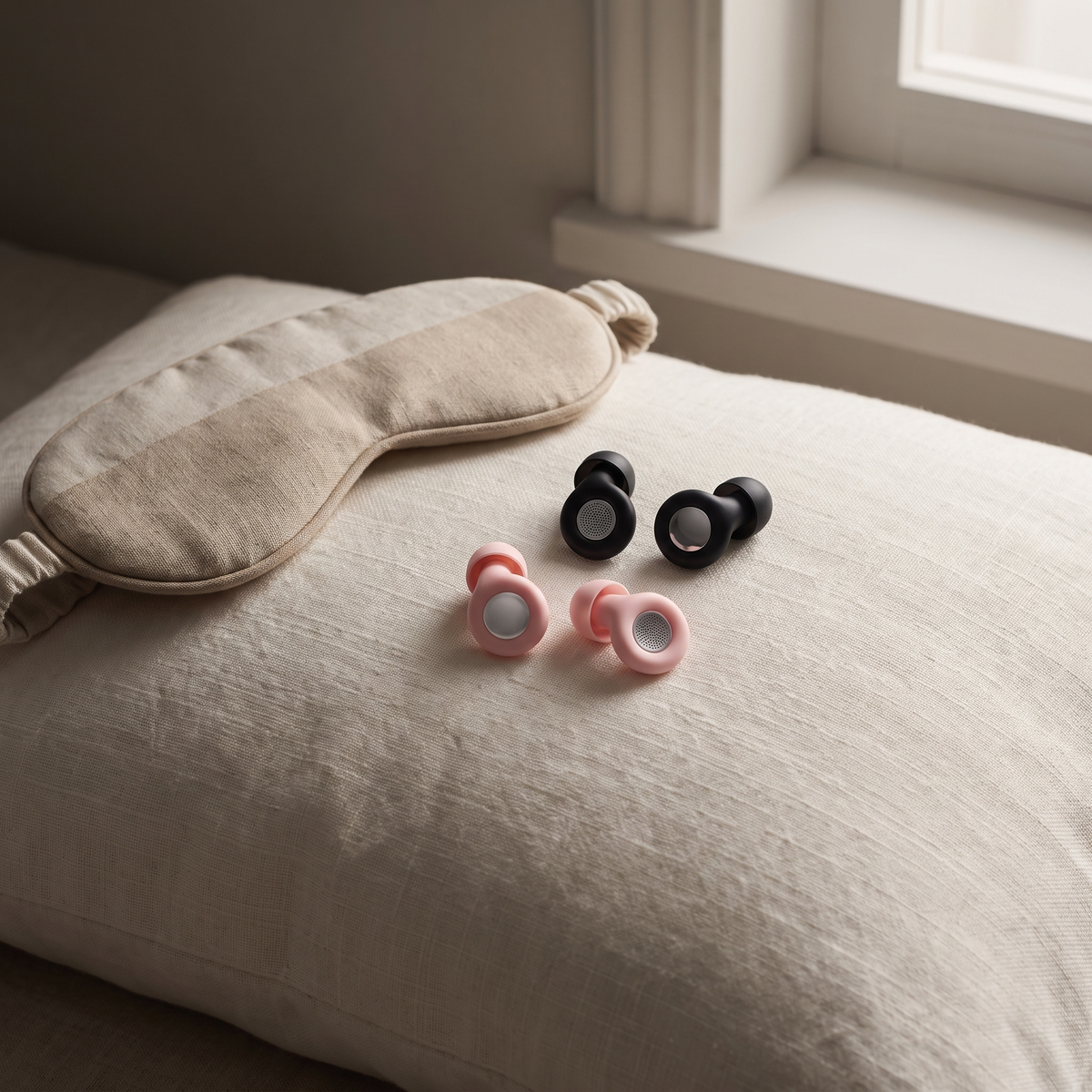 Sleep earplugs and case on a linen pillow beside a sleep mask