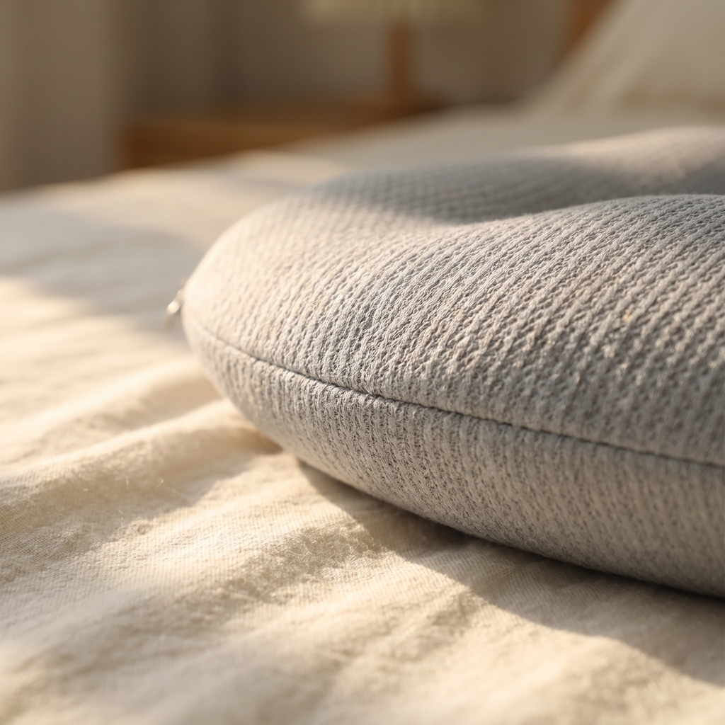 Close-up of the grey cotton fabric of the pregnancy pillow